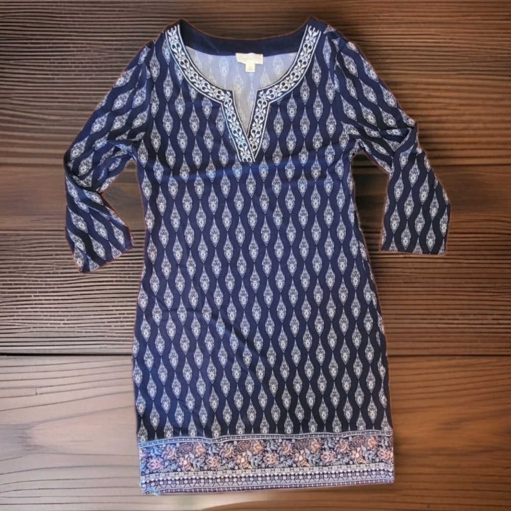 Magnolia Grace Navy and White Dress Midi Dress With Embroided Neckline Medium